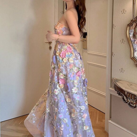 Mauve Purple Elegant Women's Embroidered Tulle Waist Cinching Sleeveless Dress - Picture 6 of 6